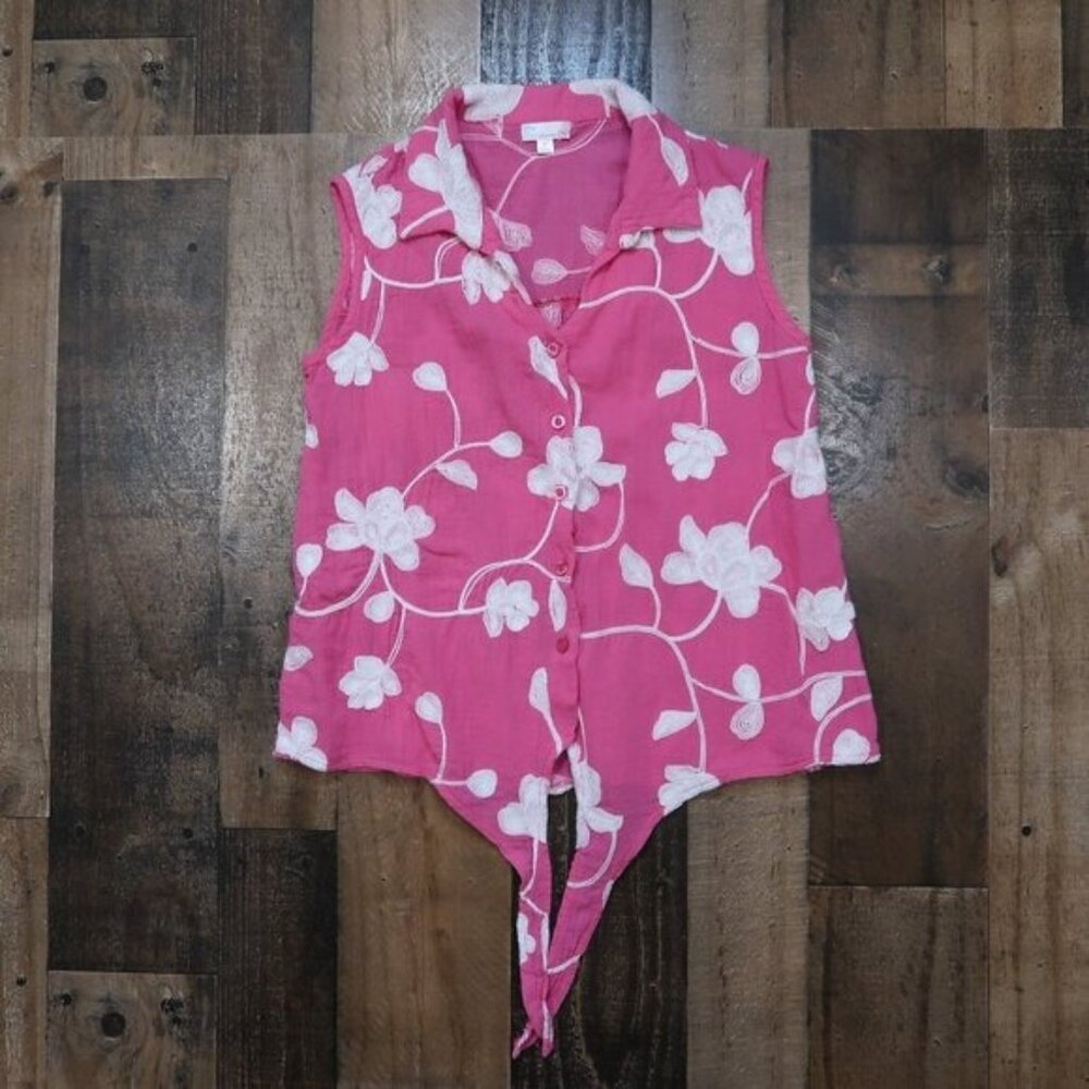 Cabana Cay Womans Small Pink & White Floral Embroidered Sleeveless Tie Front Top